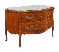 A Louis XV Style Gilt Bronze Mounted Parquetry Marble-Top Commode