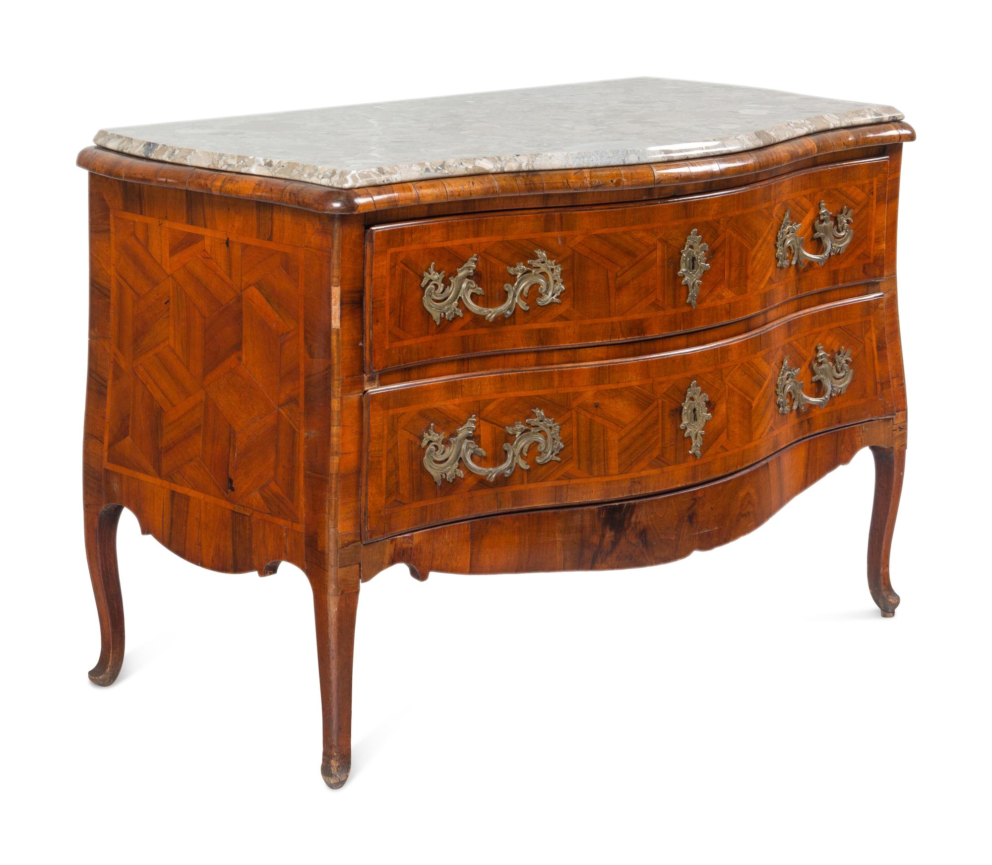 A Louis XV Style Gilt Bronze Mounted Parquetry Marble-Top Commode