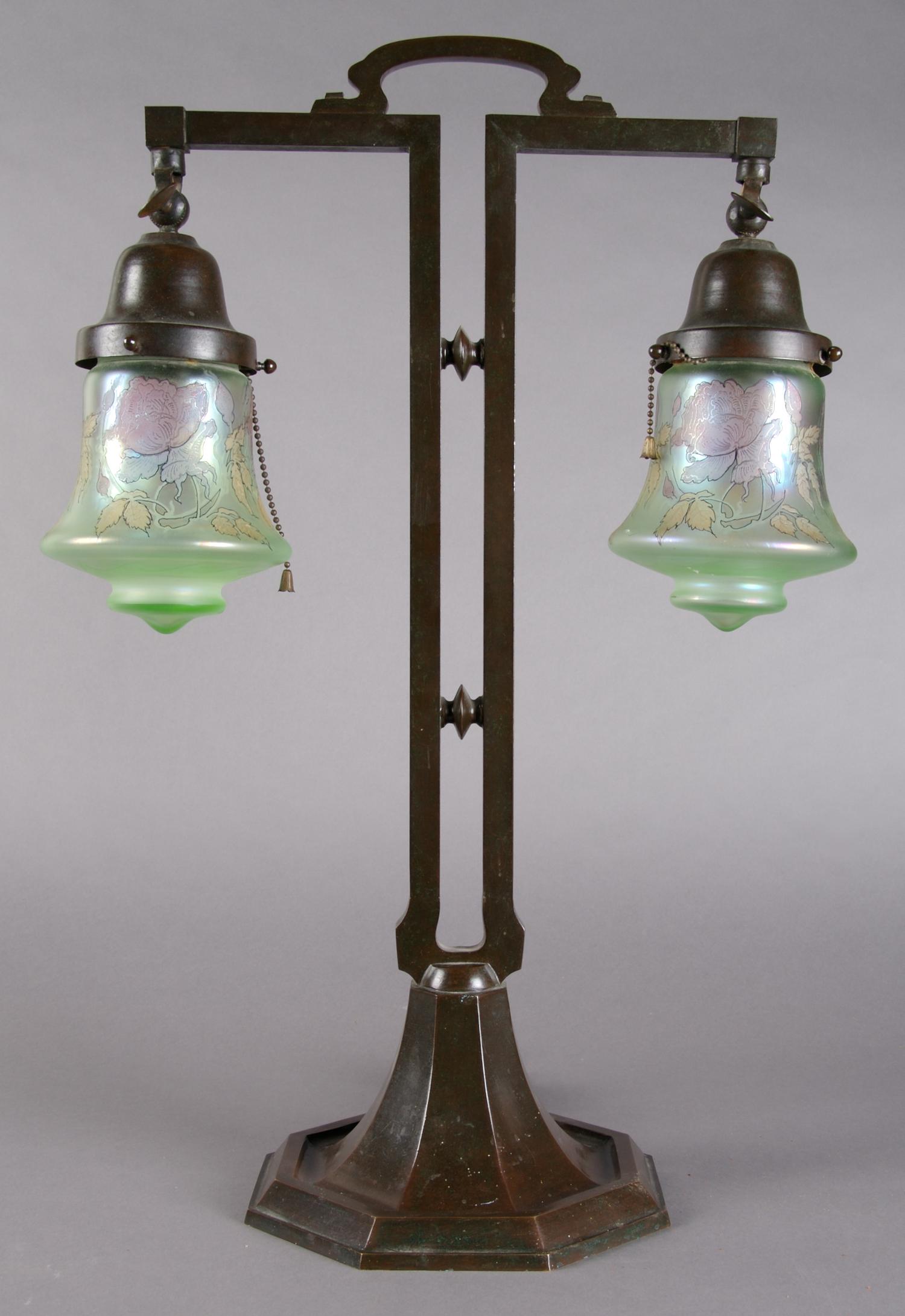 A Handel Two-Light Table Lamp, Height 23 3/4 inches.