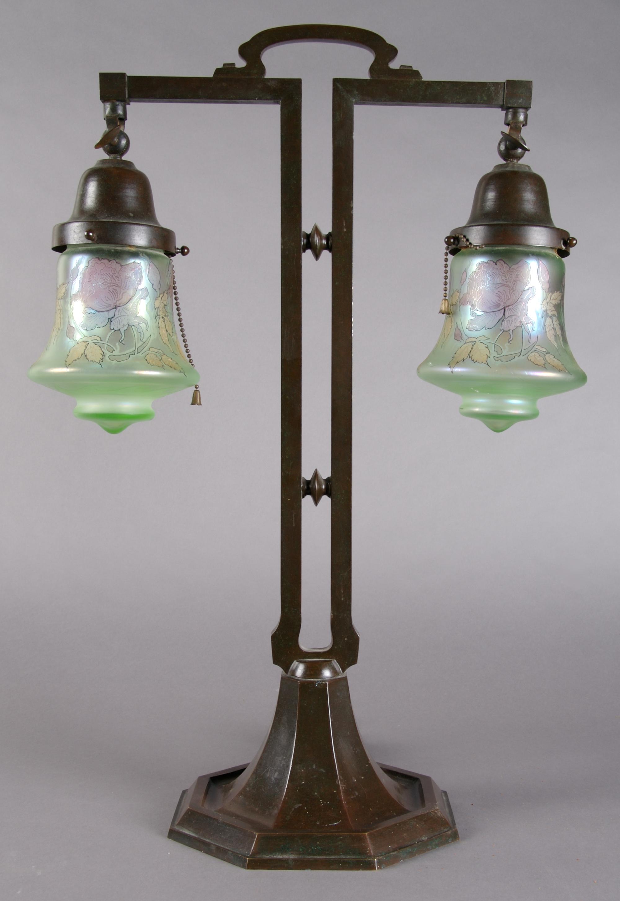 A Handel Two-Light Table Lamp, Height 23 3/4 inches.
