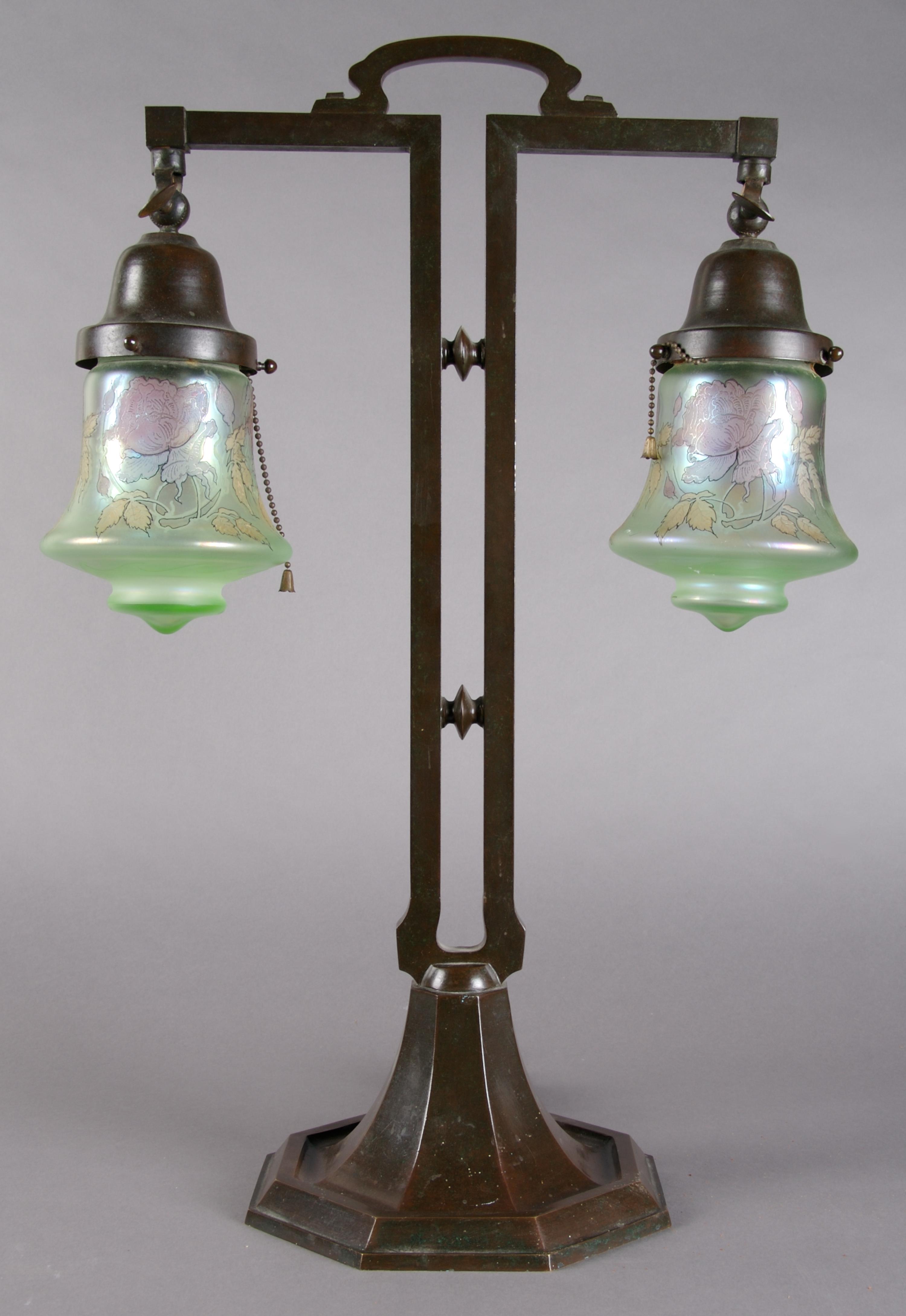 A Handel Two-Light Table Lamp, Height 23 3/4 inches.