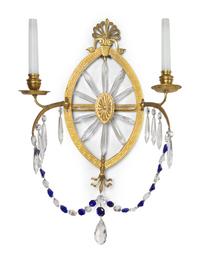 A Set of Six Swedish Neoclassical Gilt Bronze, Cobalt and Colorless Cut Glass Wall Lights