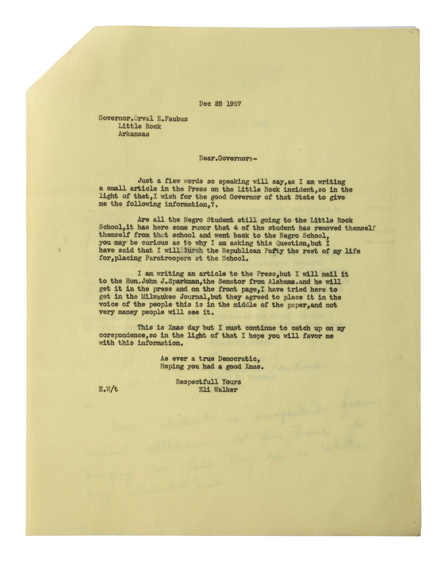[CIVIL RIGHTS] -- [DESEGREGATION]. FAUBUS, Orval E. (1910-1994). Typed letter signed ("Orval E. Faubus"), as Governor of Arkansas, regarding the Little Rock Affair. [Little Rock, Arkansas], 3 January 1958.