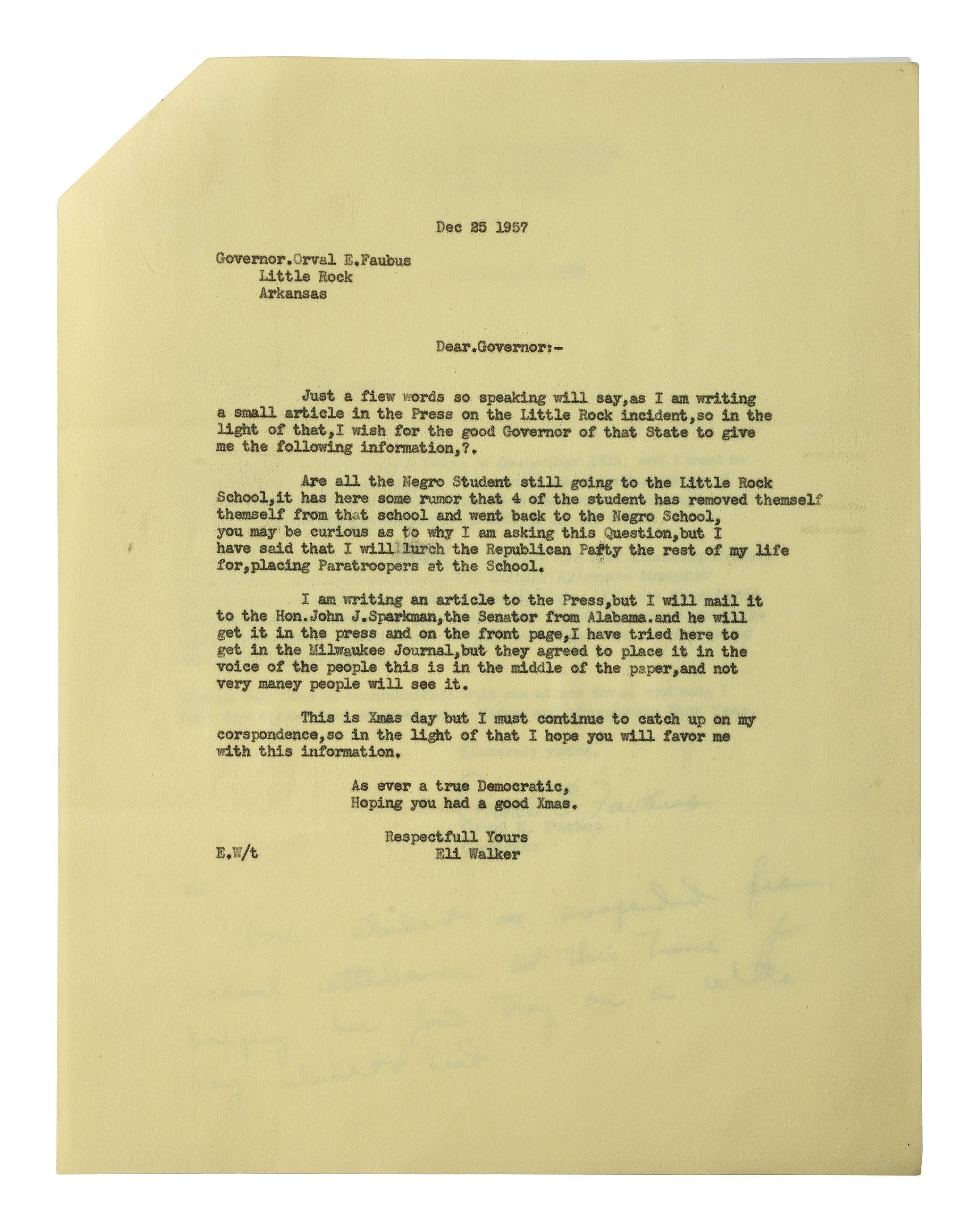 [CIVIL RIGHTS] -- [DESEGREGATION]. FAUBUS, Orval E. (1910-1994). Typed letter signed ("Orval E. Faubus"), as Governor of Arkansas, regarding the Little Rock Affair. [Little Rock, Arkansas], 3 January 1958.