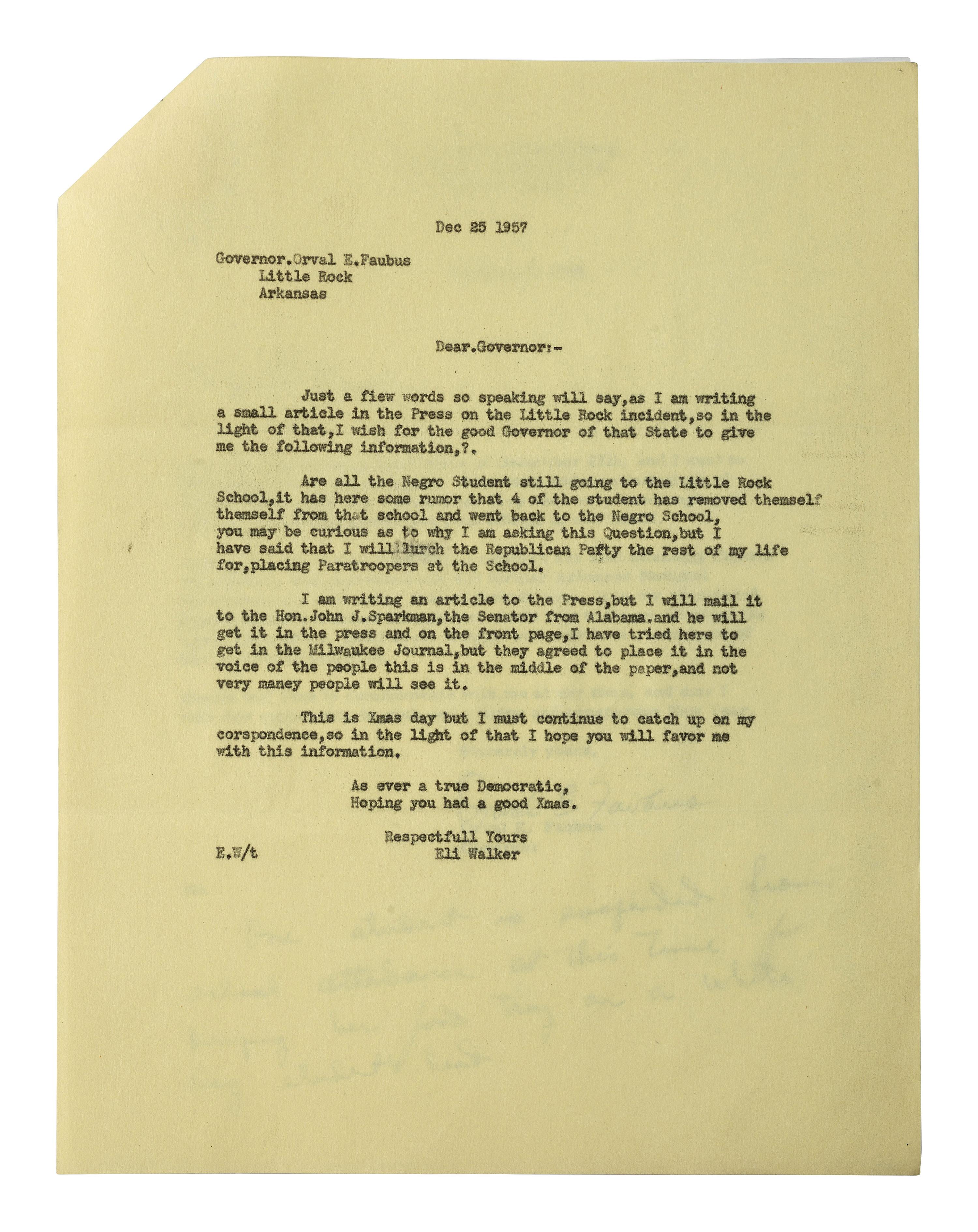 [CIVIL RIGHTS] -- [DESEGREGATION]. FAUBUS, Orval E. (1910-1994). Typed letter signed ("Orval E. Faubus"), as Governor of Arkansas, regarding the Little Rock Affair. [Little Rock, Arkansas], 3 January 1958.