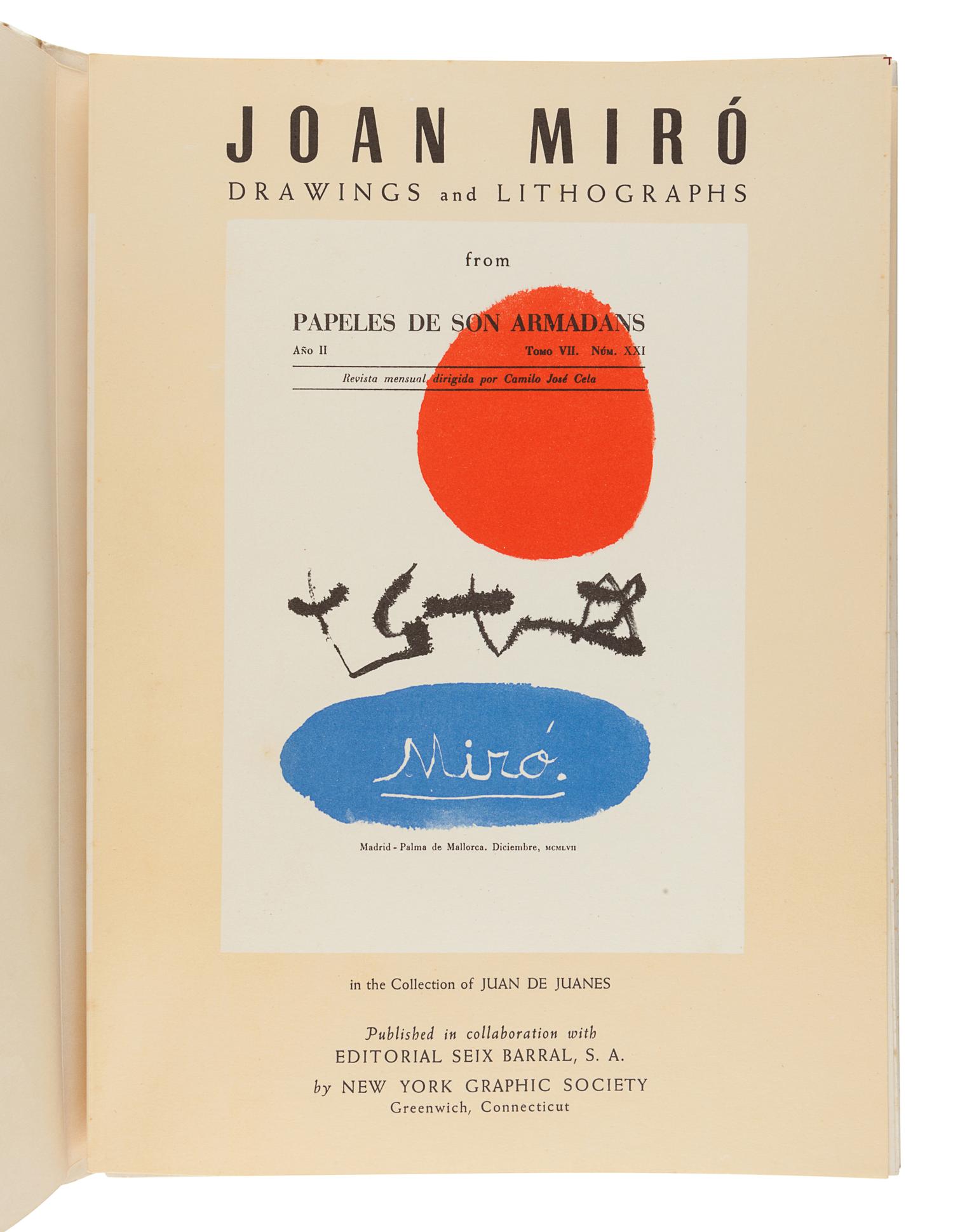 MIRÓ, Joan (1893-1983). Joan Miró. Drawings and Lithographs in the Collection of Juan de Juanes. Greeenwich, CT: New York Graphics Society, 1959.