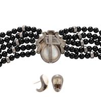 CARTIER, ONYX AND MAB É PEARL NECKLACE AND EARRINGS