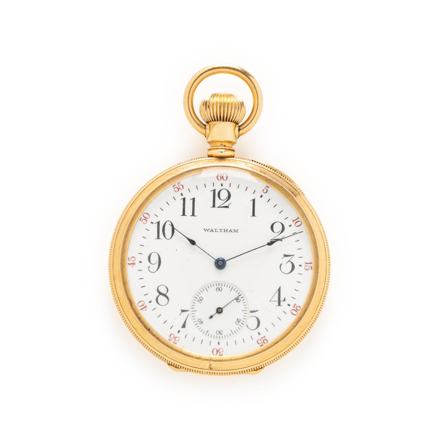 WALTHAM, YELLOW GOLD POCKET WATCH AND FOB