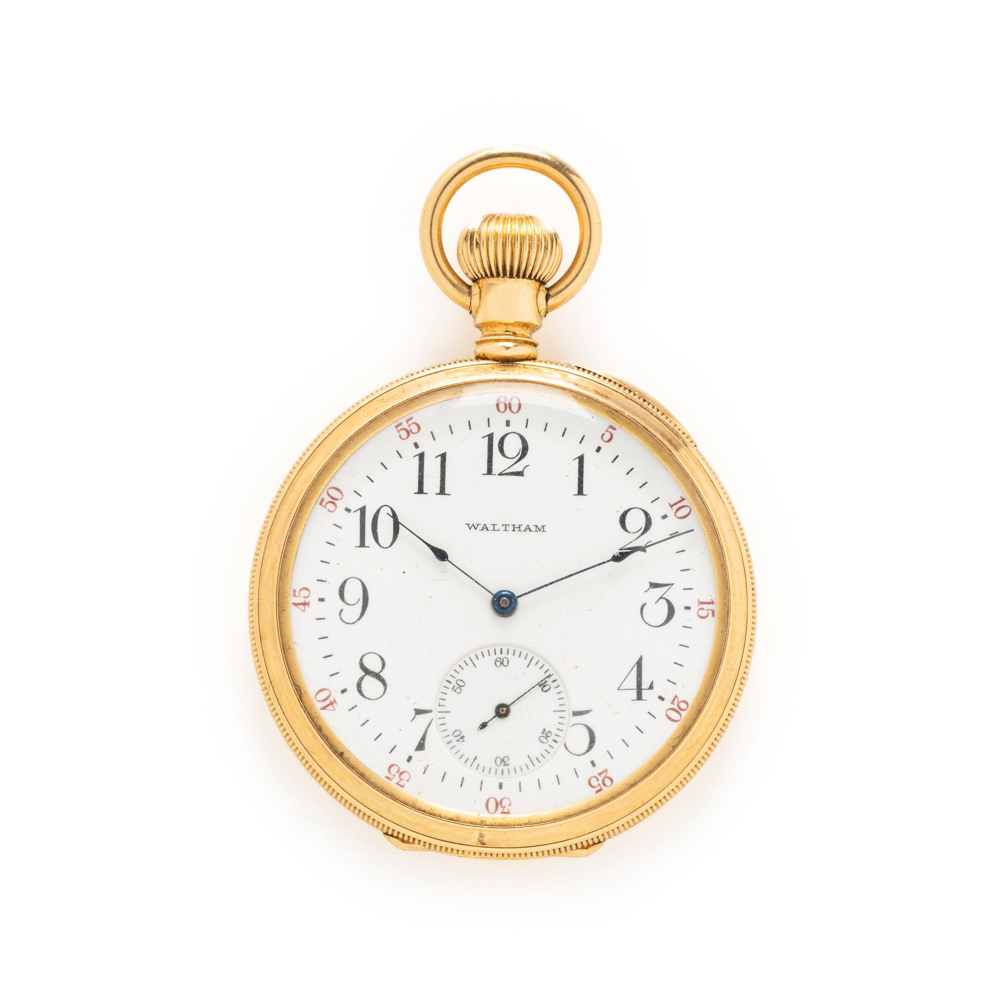 WALTHAM, YELLOW GOLD POCKET WATCH AND FOB