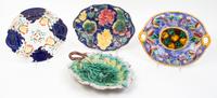 A Collection of Majolica Serving Dishes Length of longest 13 1/2 inches.