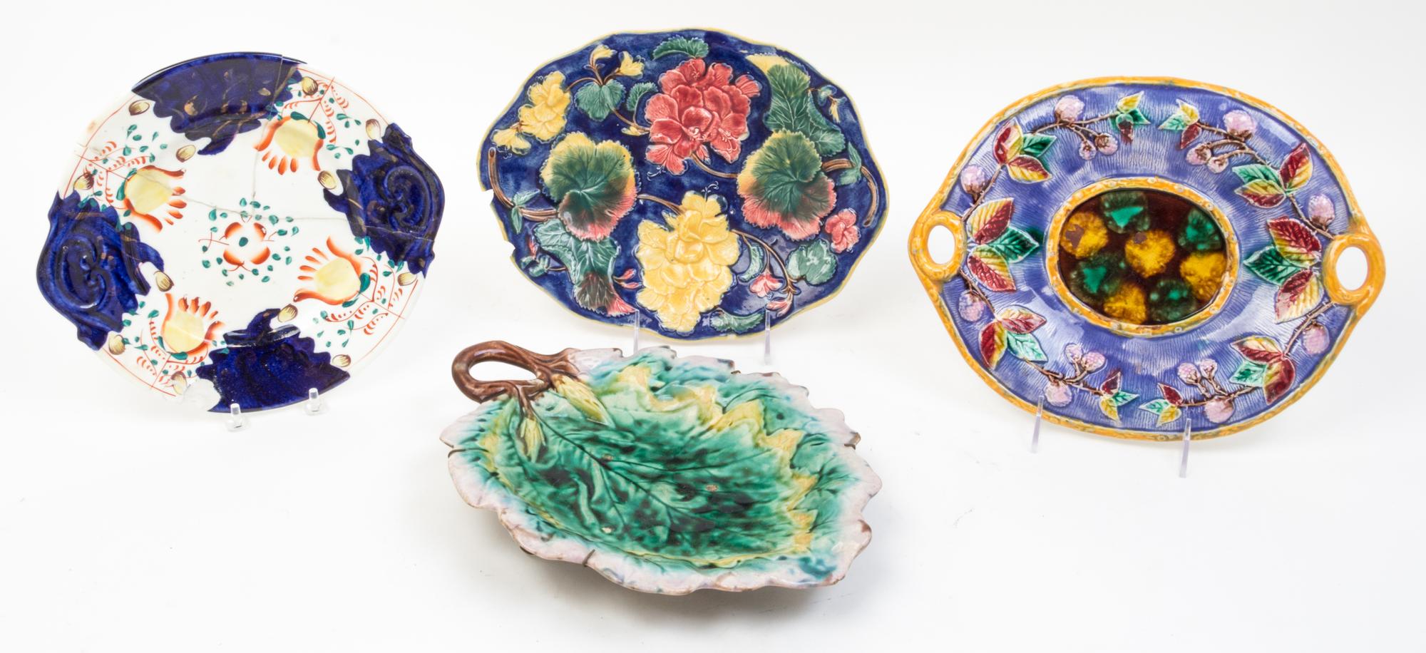 A Collection of Majolica Serving Dishes Length of longest 13 1/2 inches.