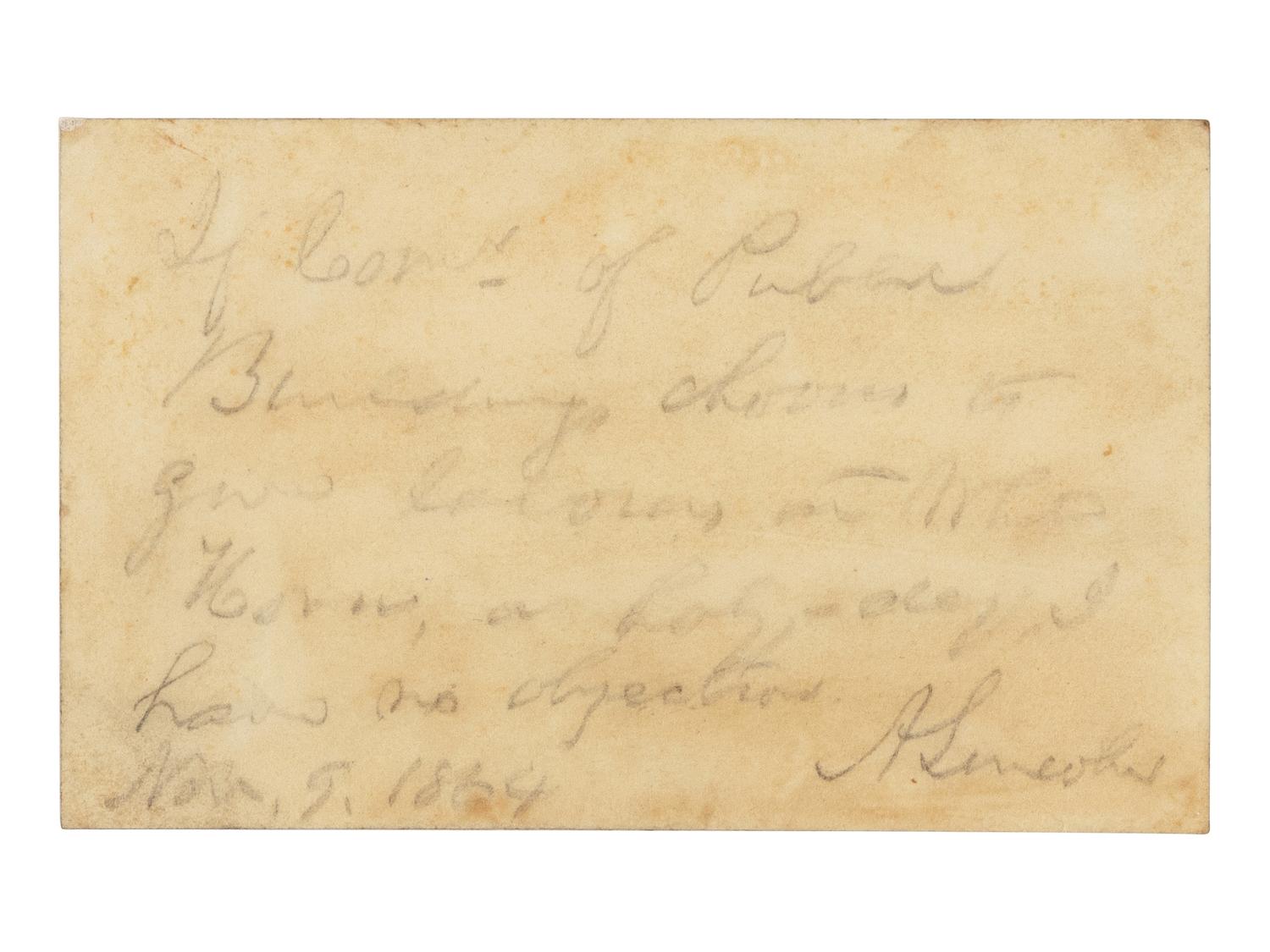 LINCOLN, Abraham (1809-1865). Autograph note signed ("A. Lincoln") to B.B. French. [Washington, D.C.], 9 November 1864.
