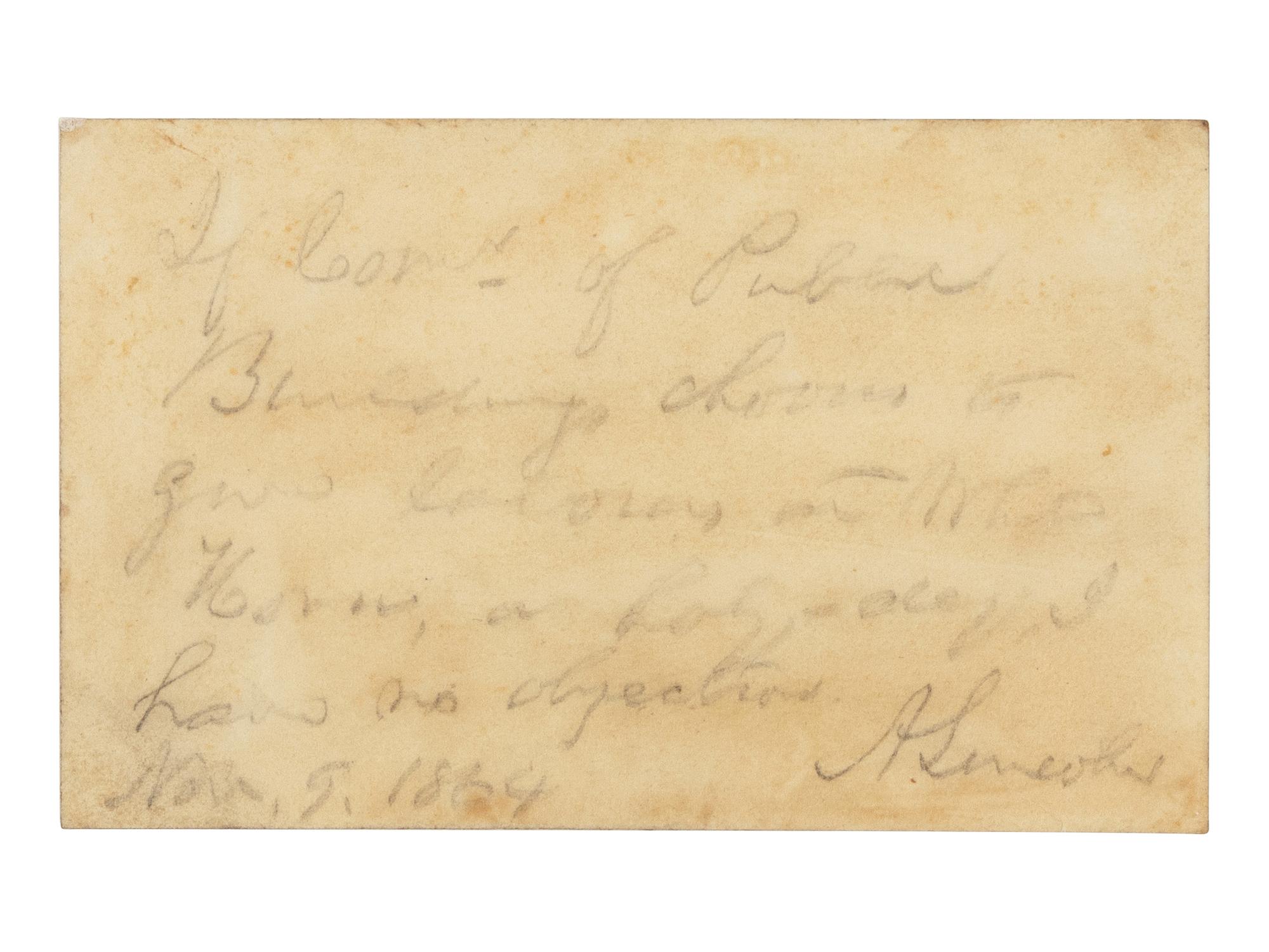 LINCOLN, Abraham (1809-1865). Autograph note signed ("A. Lincoln") to B.B. French. [Washington, D.C.], 9 November 1864.