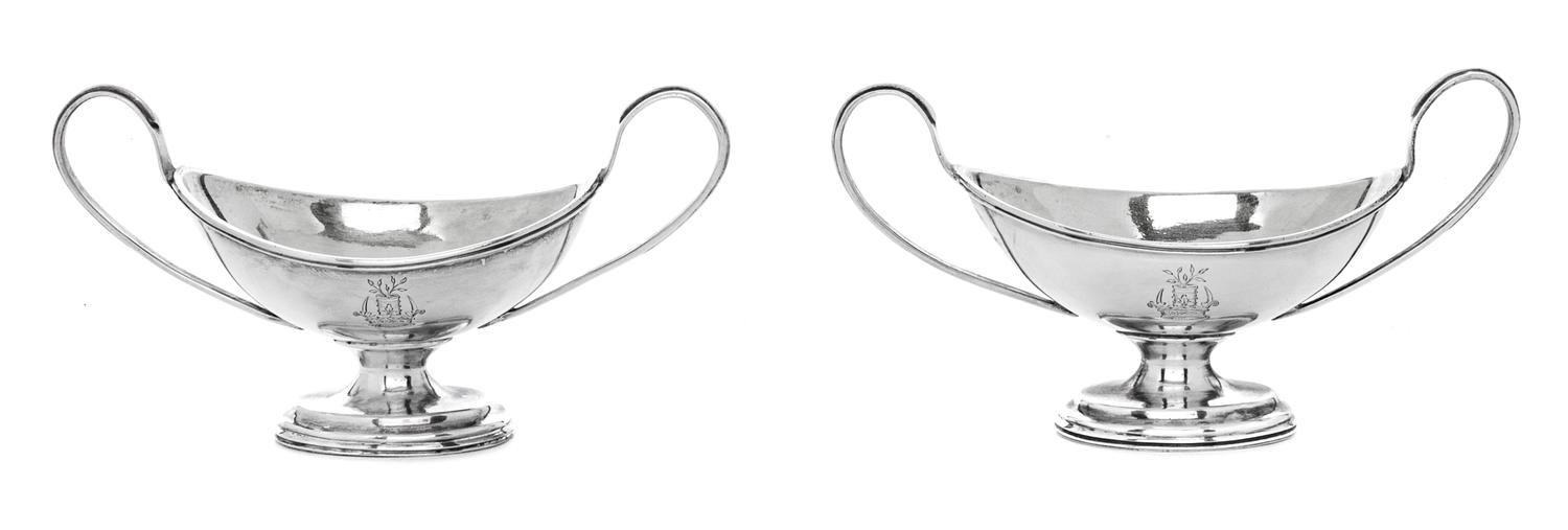 A Pair of English Britannia Silver Handled Bowls, London, 20th Century, with crest.
