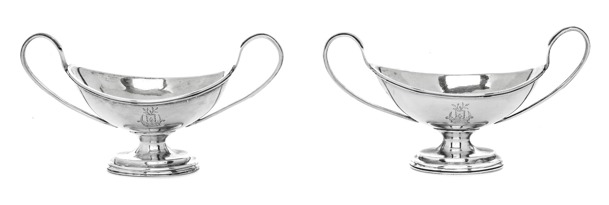 A Pair of English Britannia Silver Handled Bowls, London, 20th Century, with crest.