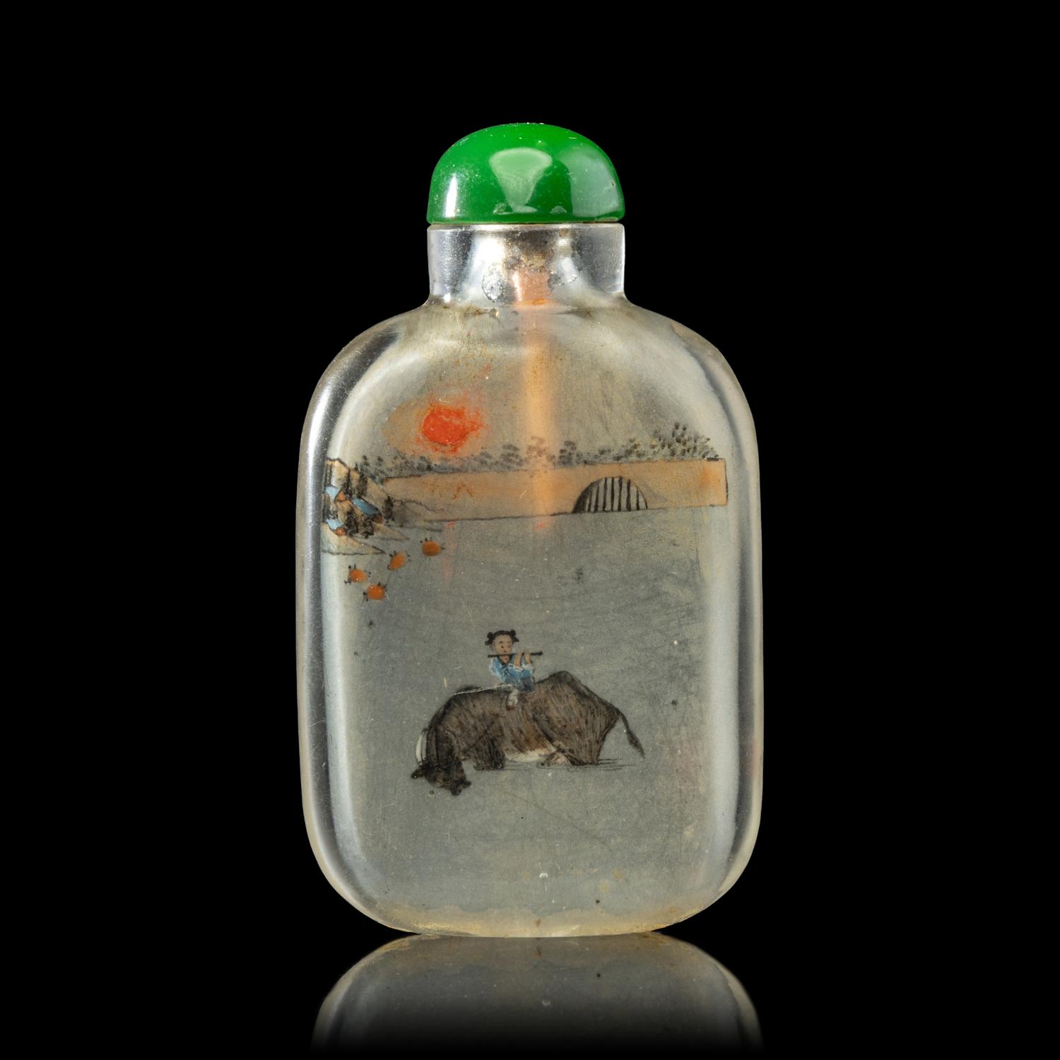 A Chinese Inside Painted Glass Snuff Bottle, Signed Ma Shaoxuan (1867-1939) 馬少宣內畫玻璃牧童吹笛圖鼻煙壺