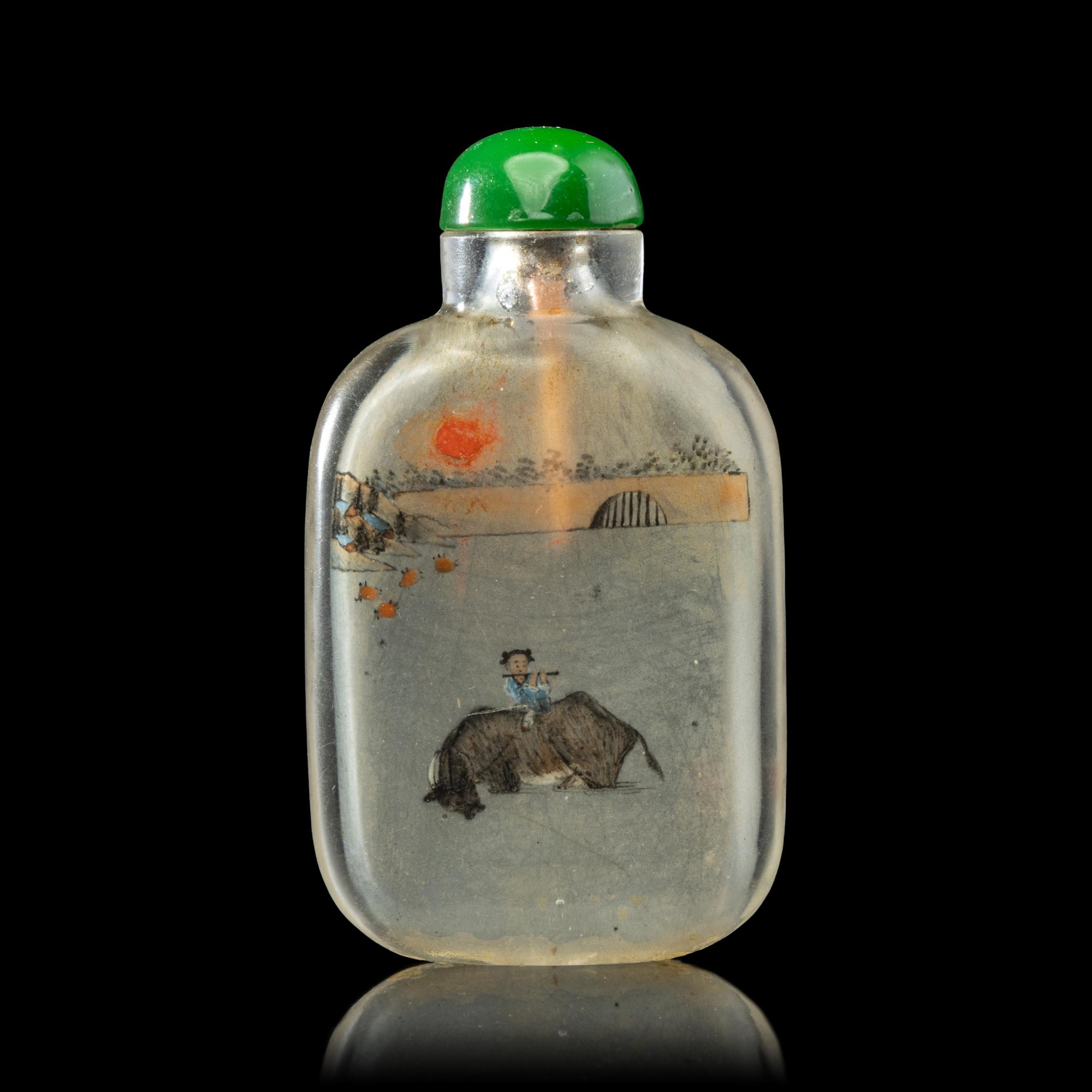 A Chinese Inside Painted Glass Snuff Bottle, Signed Ma Shaoxuan (1867-1939) 馬少宣內畫玻璃牧童吹笛圖鼻煙壺