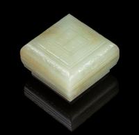 A Jade Box and Cover Length 2 x width 2 x depth 1 1/4 inches.