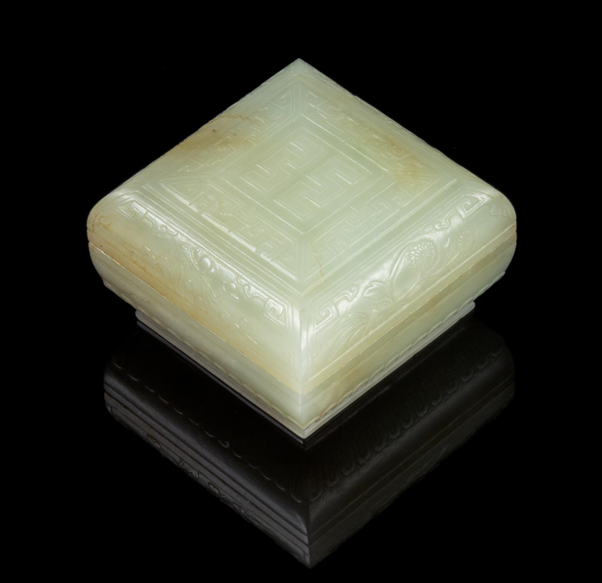A Jade Box and Cover Length 2 x width 2 x depth 1 1/4 inches.