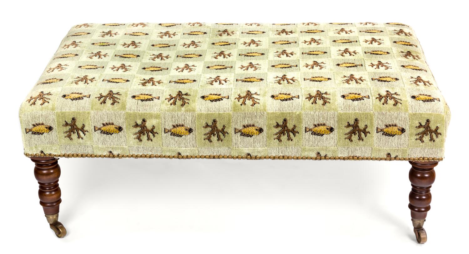 A Victorian Style Mahogany Upholstered Ottoman Height of first 16 x width 38 x depth 24 inches.