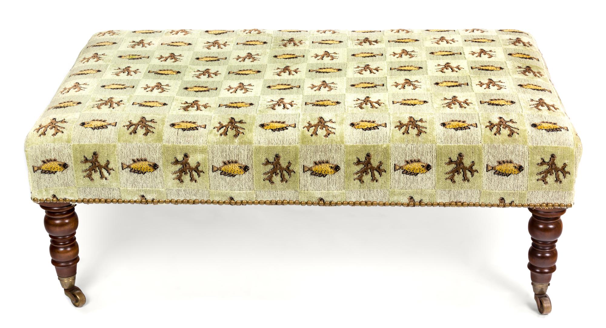 A Victorian Style Mahogany Upholstered Ottoman Height of first 16 x width 38 x depth 24 inches.