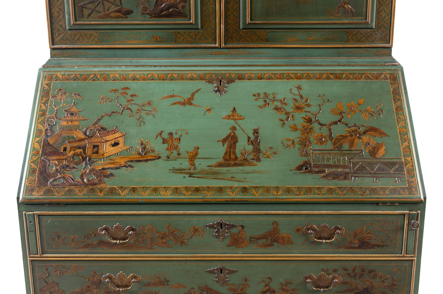A George II Style Green and Gilt-Japanned Bureau Cabinet