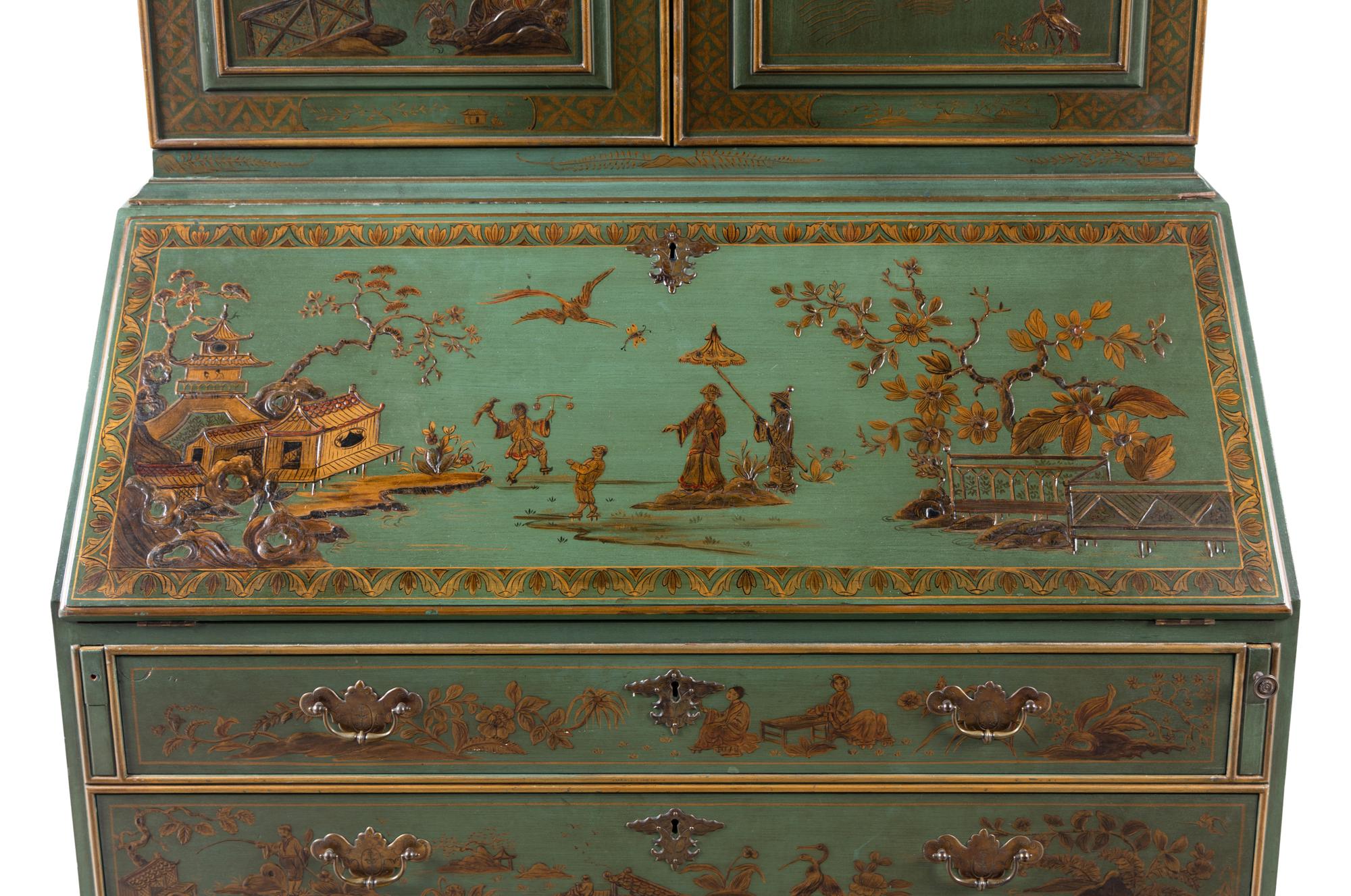 A George II Style Green and Gilt-Japanned Bureau Cabinet