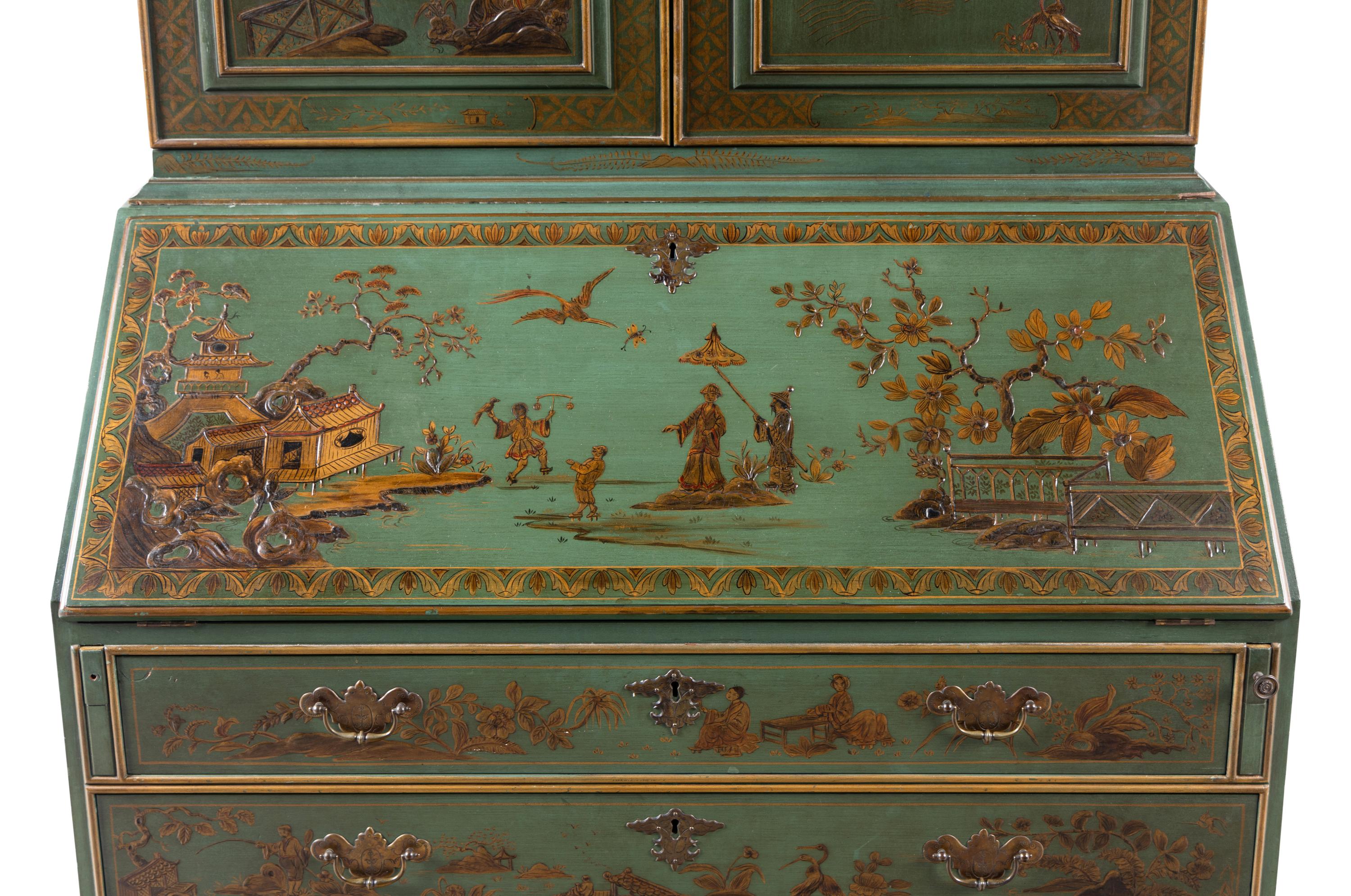 A George II Style Green and Gilt-Japanned Bureau Cabinet