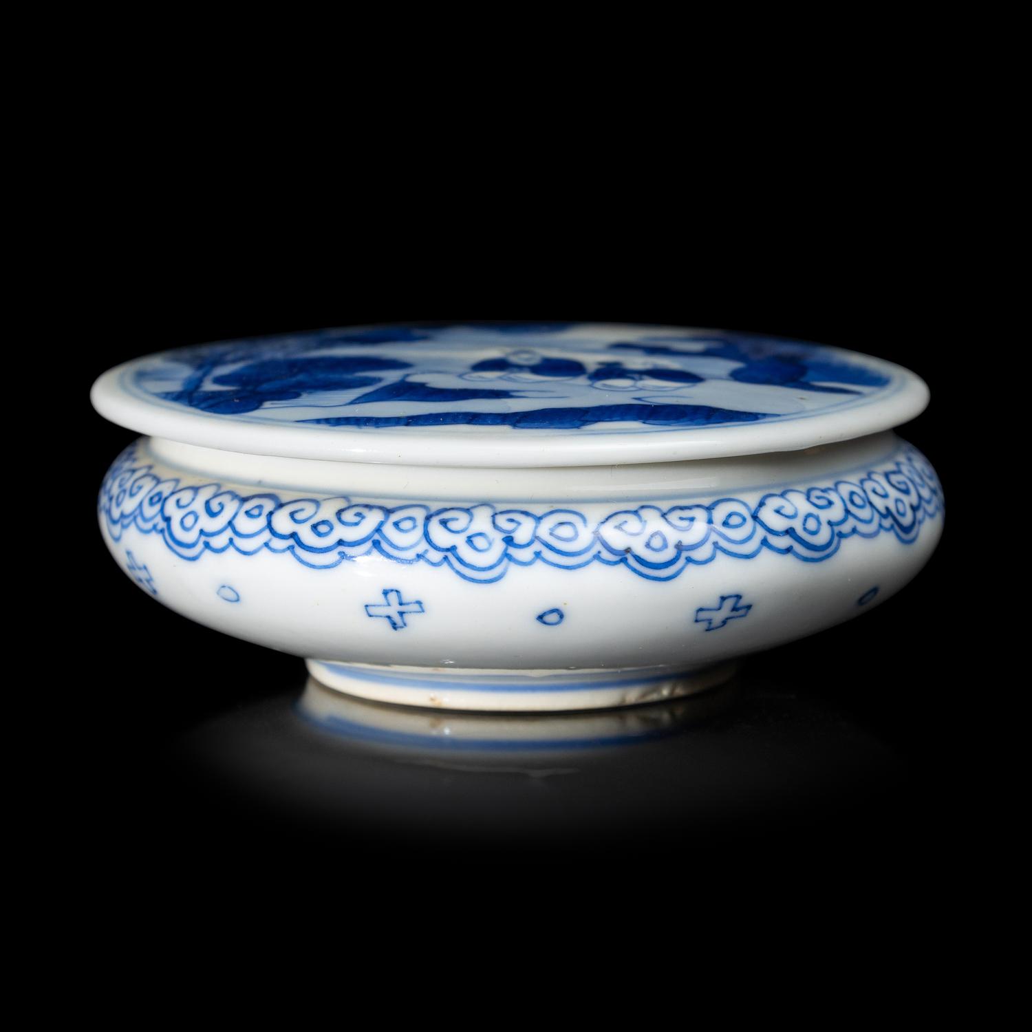 A Chinese Blue and White Porcelain Seal Paste Box, Kangxi Period 清康熙 青花高士圖印盒