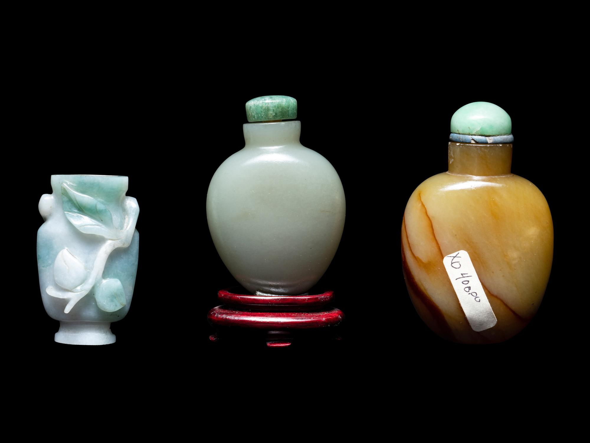 Three Chinese Jade and Jadeite Snuff Bottles