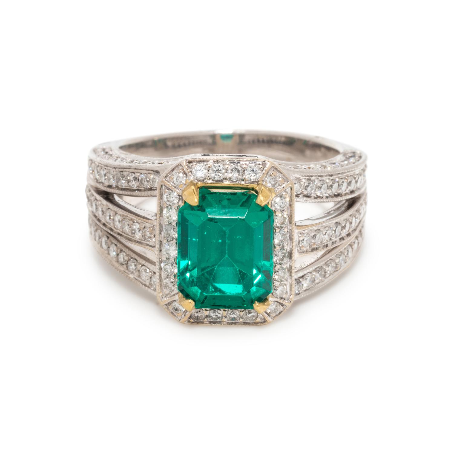 SYNTHETIC EMERALD AND DIAMOND RING