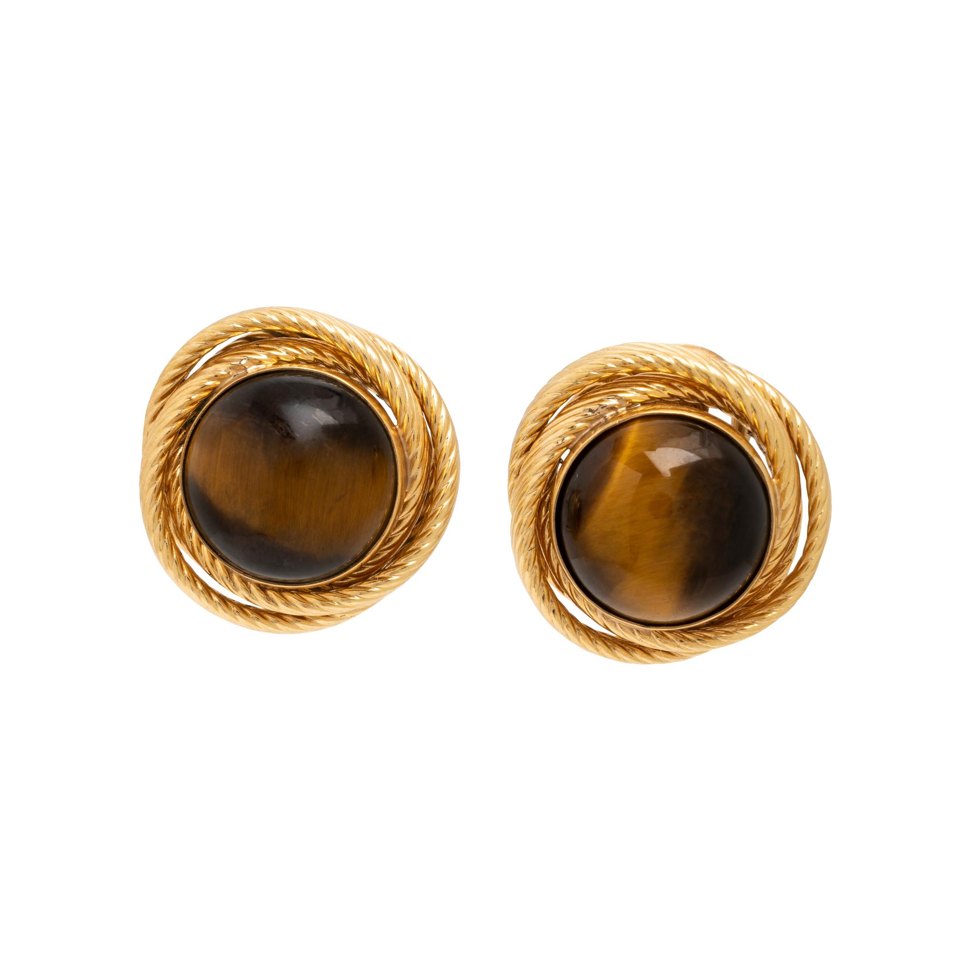 Tiger's Eye Quartz and Yellow Gold Earrings