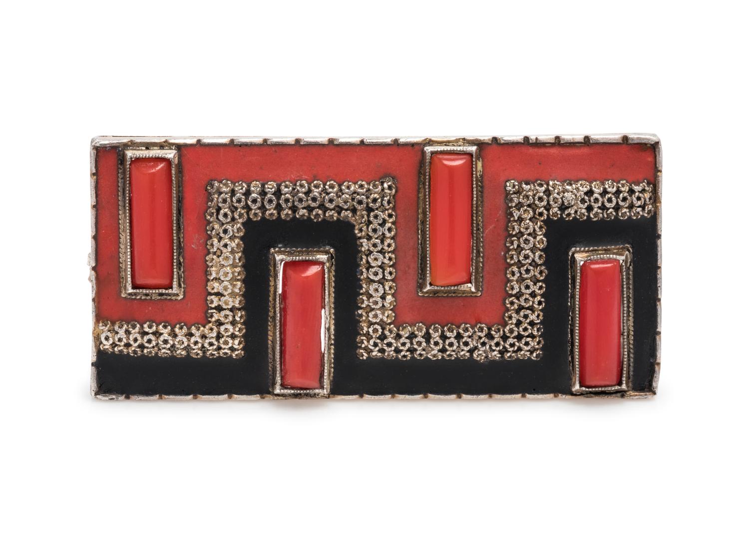 THEODOR FAHRNER, ART DECO, CORAL AND ENAMEL BROOCH