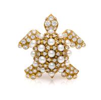 An 18 Karat Yellow Gold, Diamond and Cultured Pearl Turtle Brooch, British, 8.40 dwts.