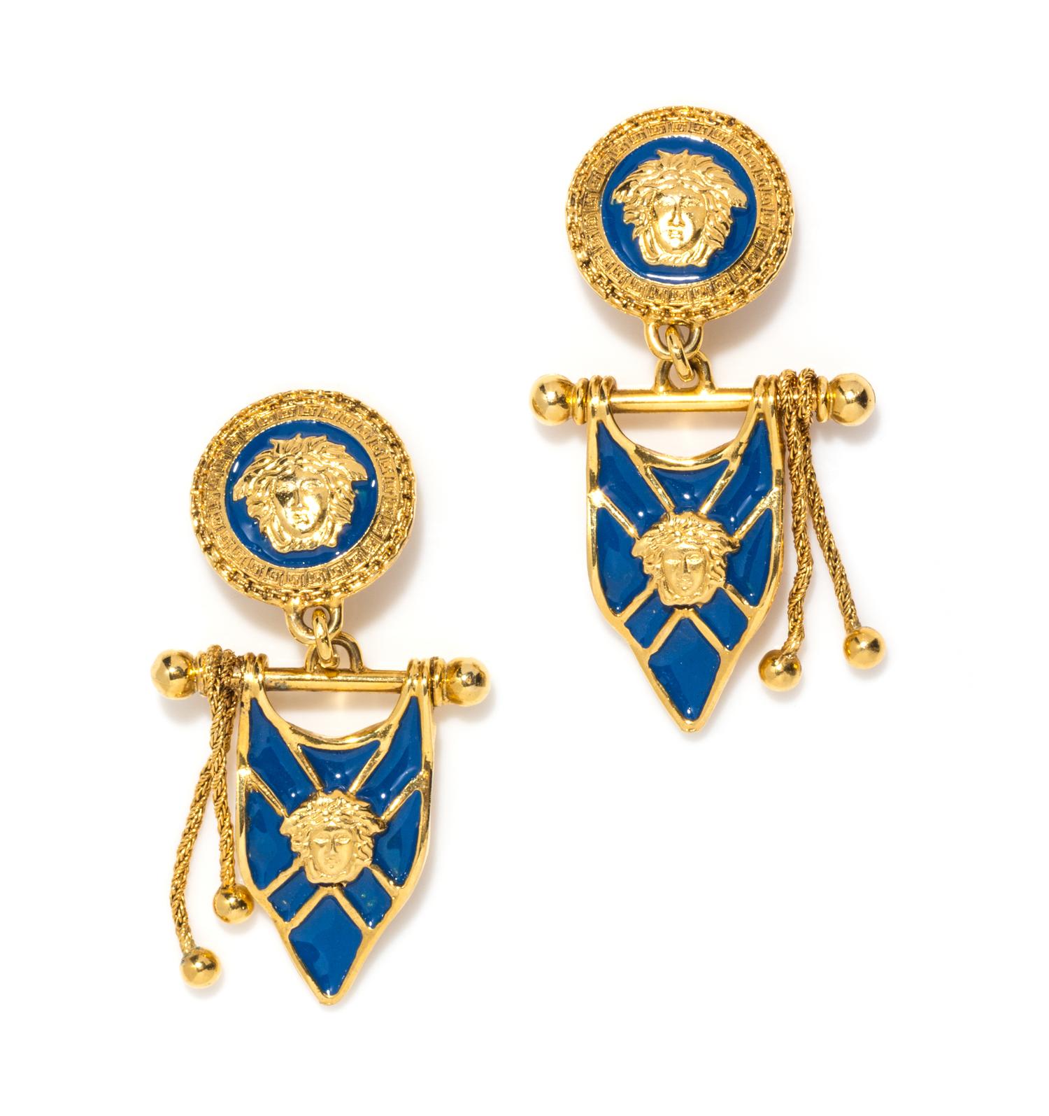 A Pair of Gianni Versace Blue Enamel Flag Drop Earclips, 3.25" x 1.75".