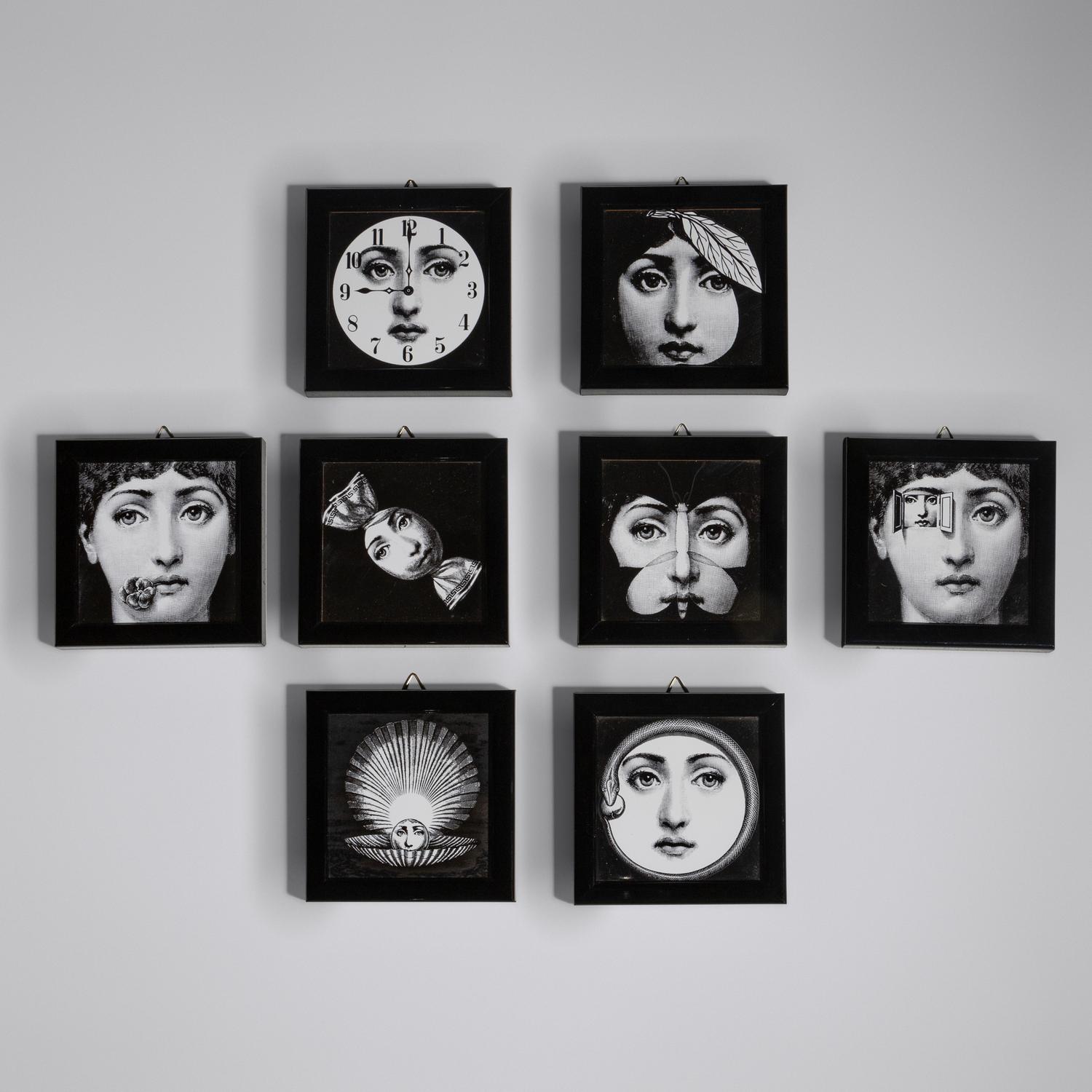 Group of Eight Framed Images, Julia Series Wall Clock, and Ceramic Padlock and Key Paperweight Fornasetti, Italy