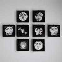 Group of Eight Framed Images, Julia Series Wall Clock, and Ceramic Padlock and Key Paperweight Fornasetti, Italy