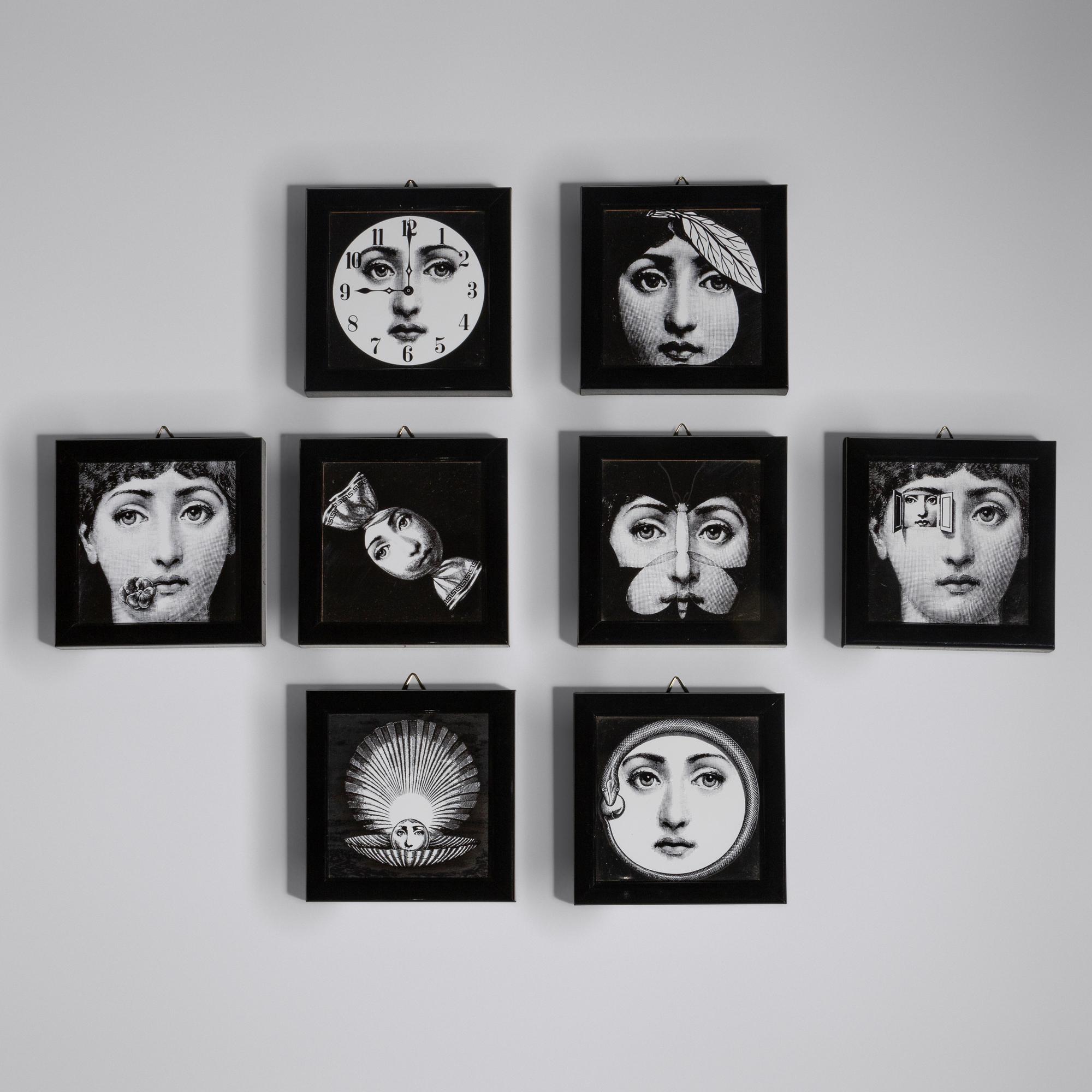 Group of Eight Framed Images, Julia Series Wall Clock, and Ceramic Padlock and Key Paperweight Fornasetti, Italy