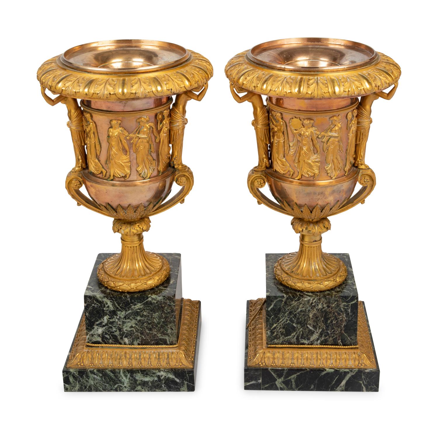 A Pair of Neoclassical Gilt Bronze and Marble Campagna-Form Urns