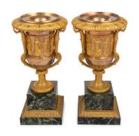 A Pair of Neoclassical Gilt Bronze and Marble Campagna-Form Urns