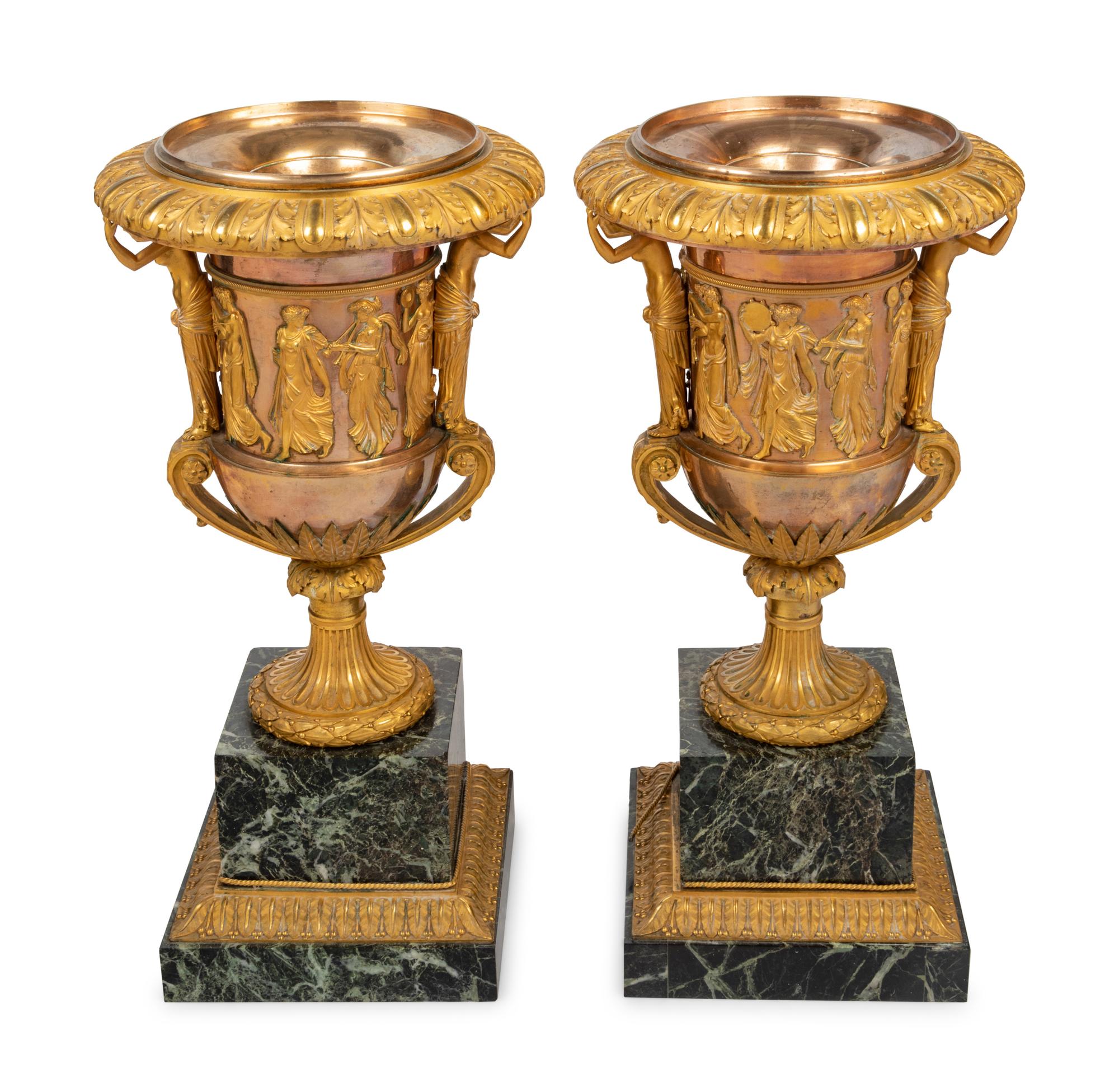 A Pair of Neoclassical Gilt Bronze and Marble Campagna-Form Urns