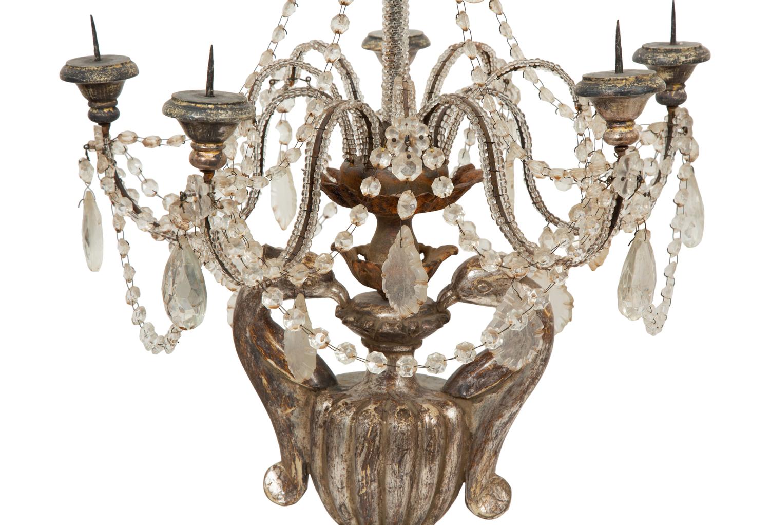 A Pair of Continental Carved Silvered Wood, Cut Glass and Beaded Candelabra