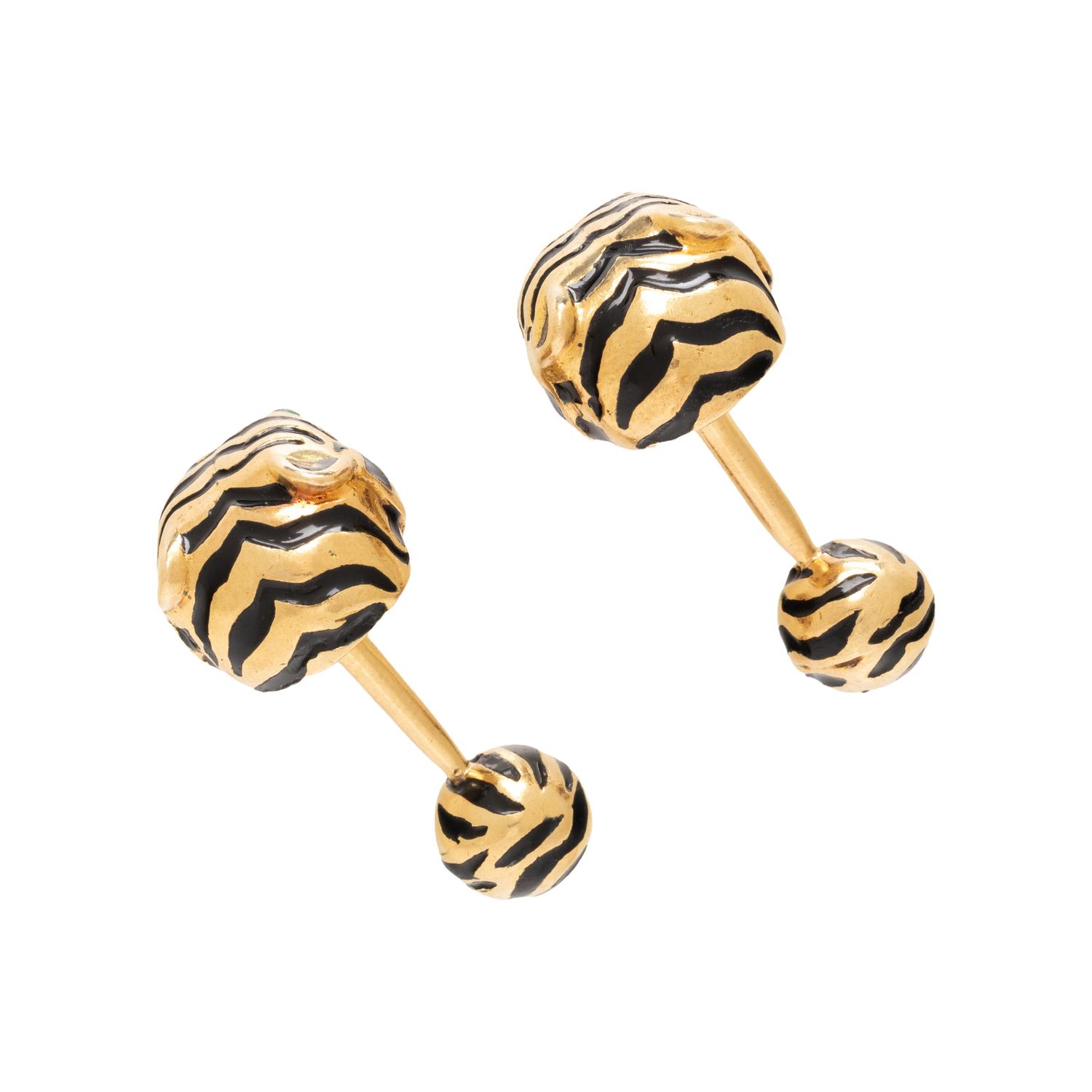 DAVID WEBB, YELLOW GOLD, ENAMEL AND EMERALD TIGER CUFFLINKS