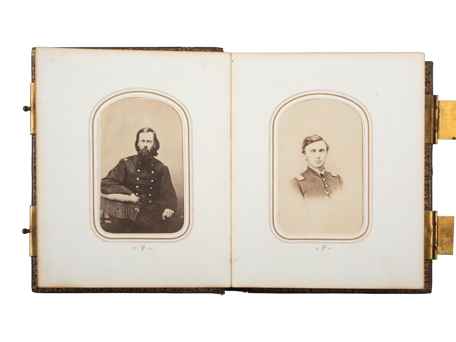 [CIVIL WAR - EARLY PHOTOGRAPHY]. Indiana CDV album featuring Civil War soldiers and a campus view of Valparaiso University.