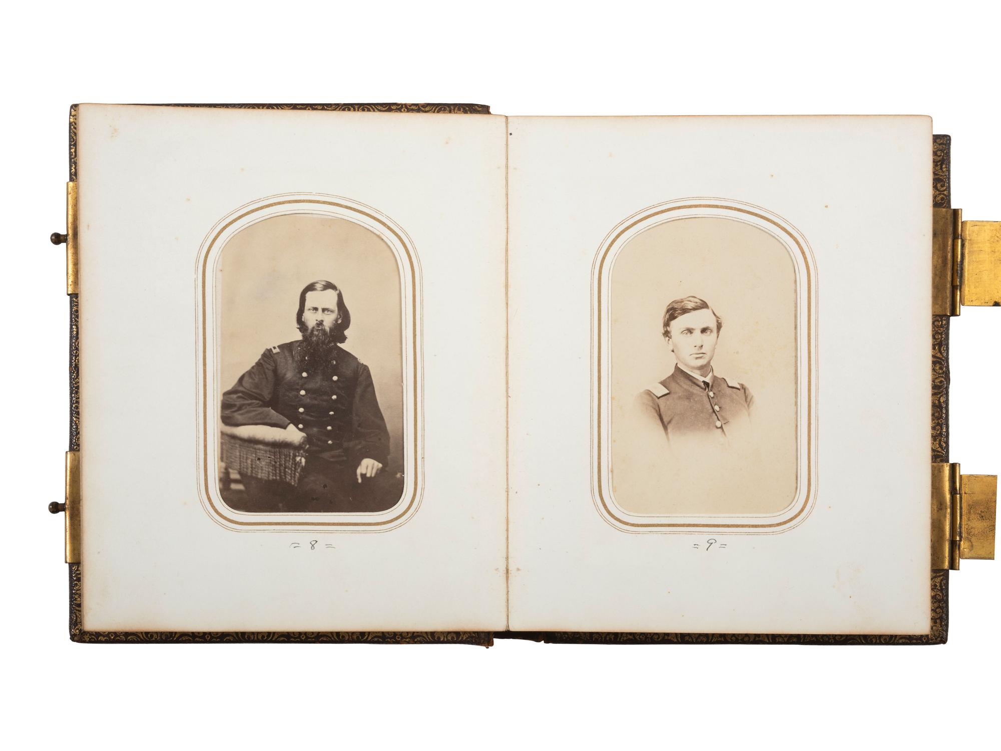 [CIVIL WAR - EARLY PHOTOGRAPHY]. Indiana CDV album featuring Civil War soldiers and a campus view of Valparaiso University.