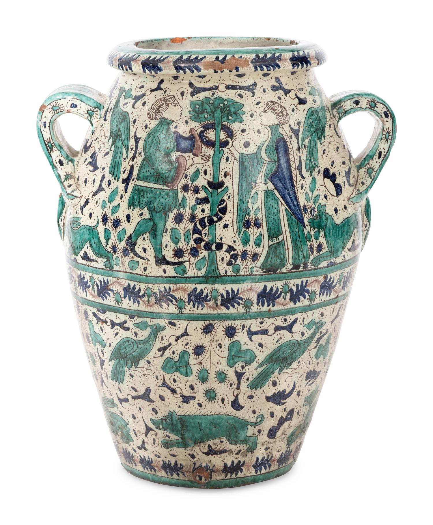 A Monumental Italian Majolica Double-Handle Vessel