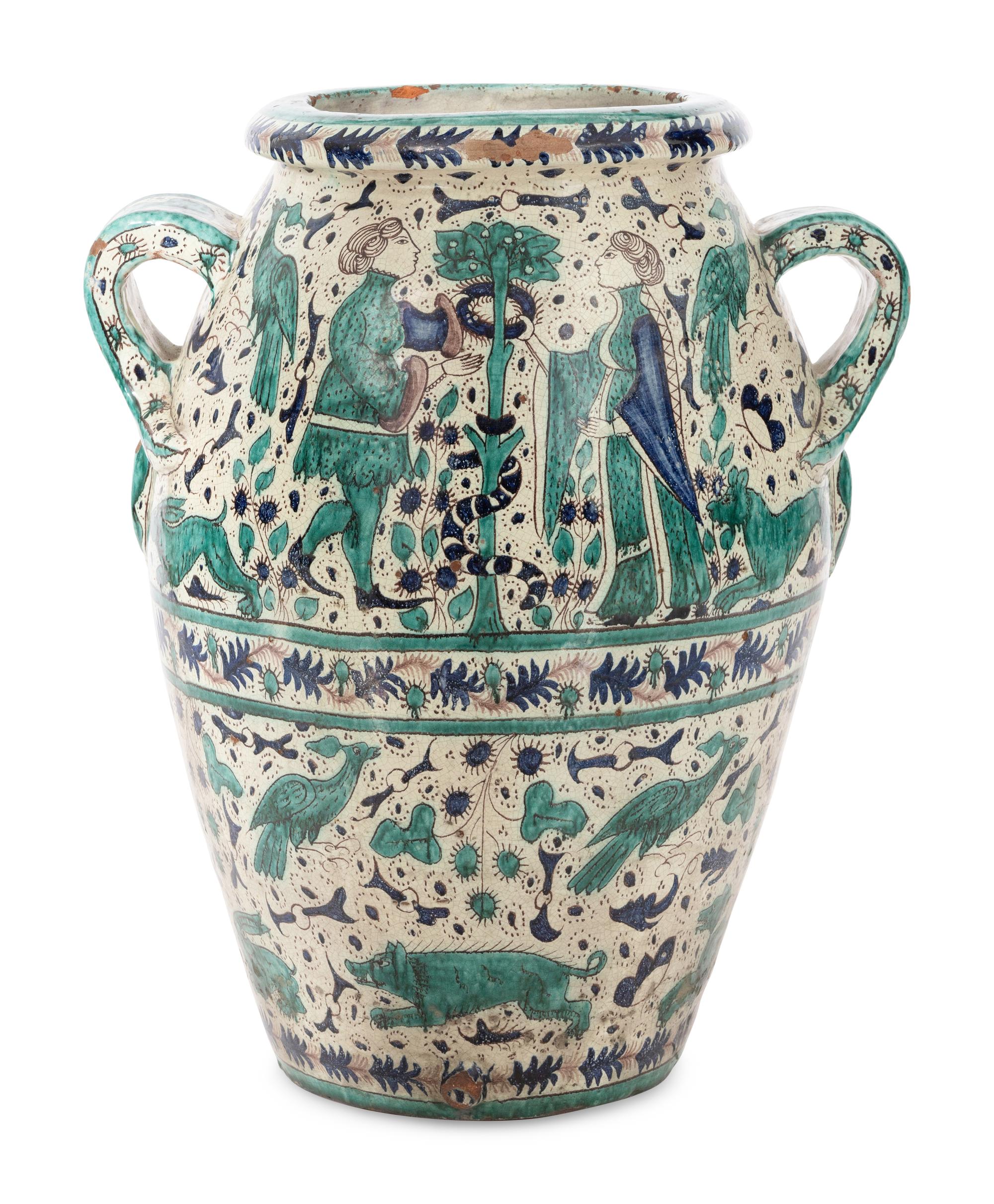 A Monumental Italian Majolica Double-Handle Vessel