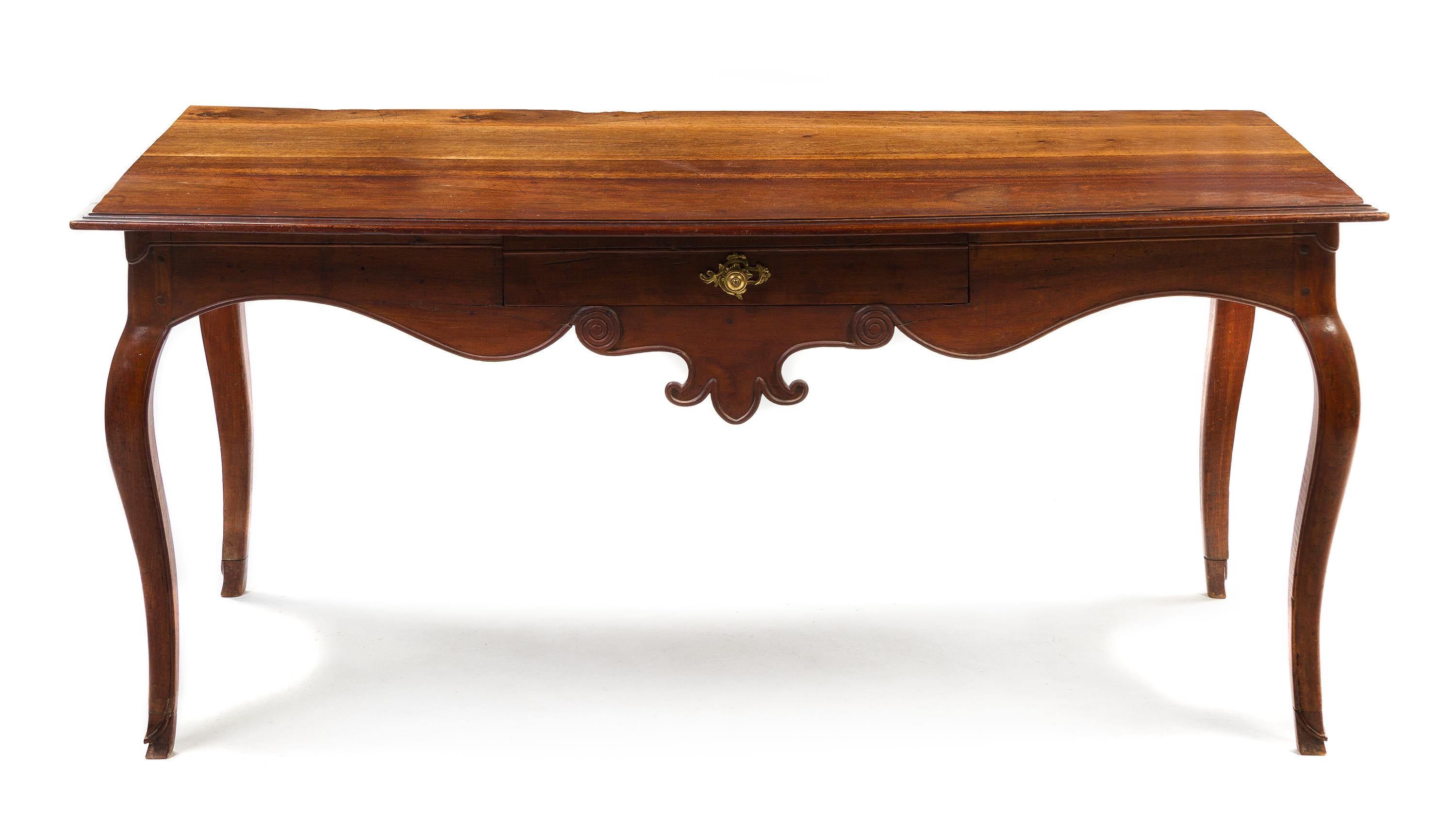 A French Provincial Walnut Library Table, Height 29 x width 65 1/4 x depth 34 inches.