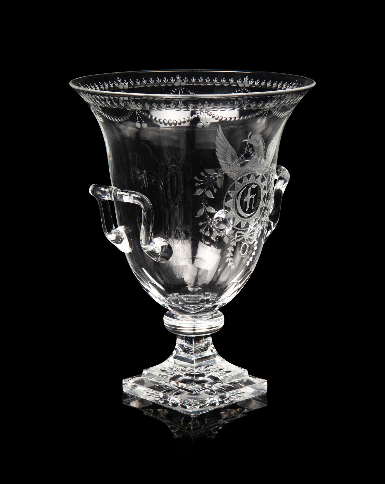 A Steuben Engraved Glass Strawberry Mansion Urn
