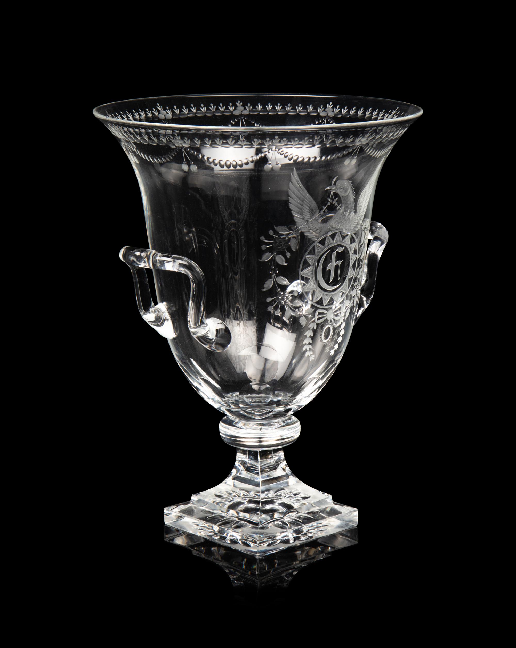 A Steuben Engraved Glass Strawberry Mansion Urn